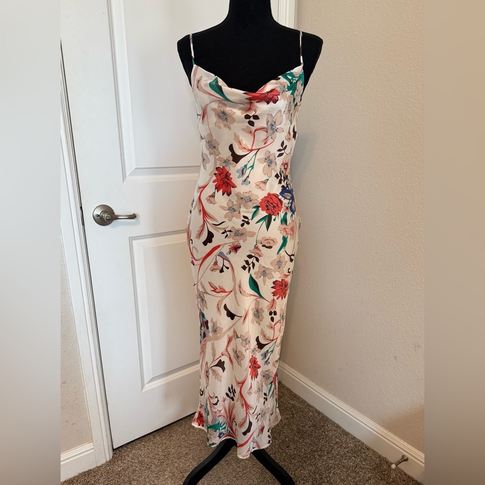 Lulus Must be Fate Cream Multi Floral Print Midi Slip Dress SZ SX Satin